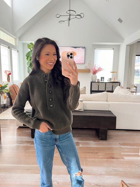 Spring outfit with mom jeans that are on sale for $40 off and wearing size 25 short. Paired it with khaki cotton and wool long sleeve jumper that i am wearing in size XS. I love the buttons and how cozy Iris for chillier days! 

#LTKSeasonal #LTKsalealert #LTKstyletip