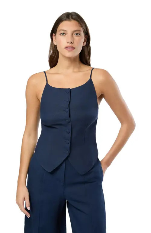 Onia Air Linen High Neck Top in Deep Navy at Nordstrom, Size 00 | Nordstrom