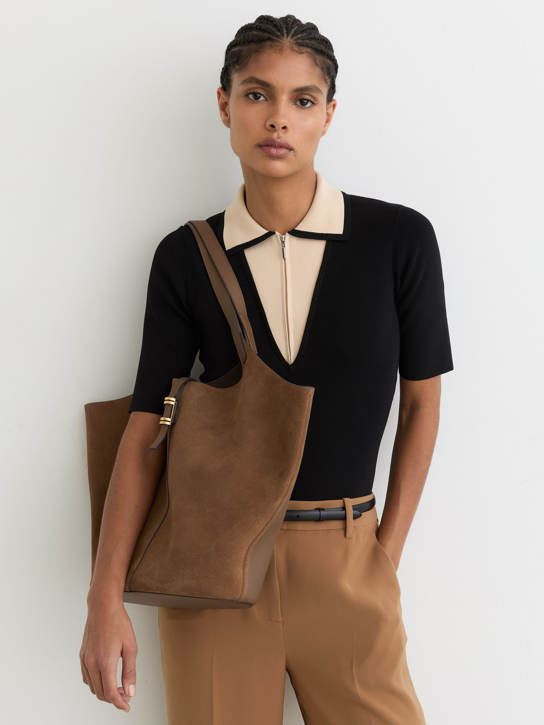 Reiss Leather And Suede Tote Bag in Tan - REISS | Reiss UK