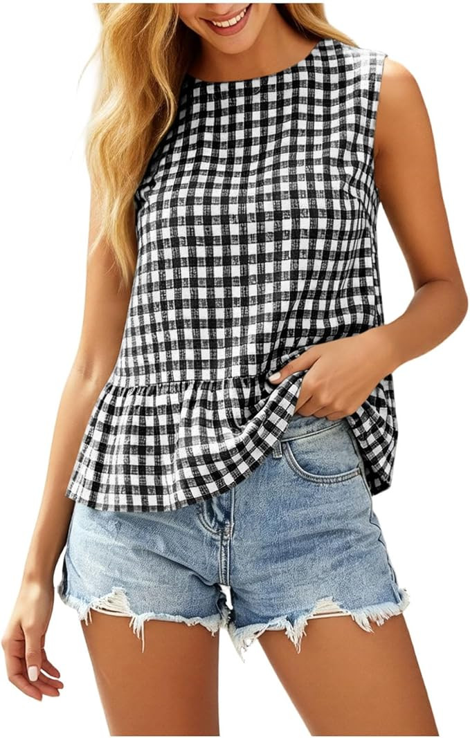 Attine Summer Tank Tops for Women 2026, Cute High Neck Plaid Shirts Sleeveless Ruffle Hem Dressy ... | Amazon (US)