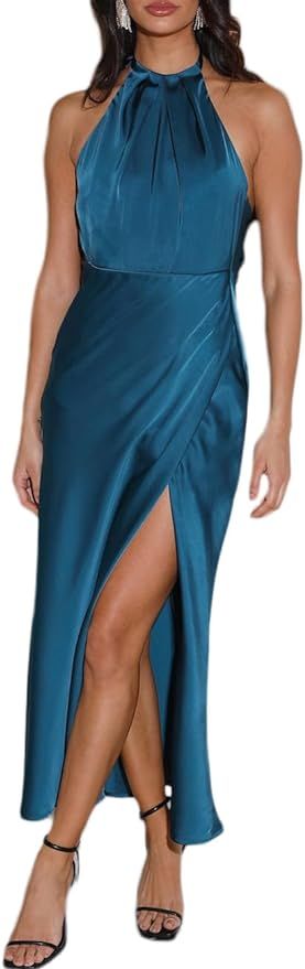 BEOVR 2024 Summer Satin Halter Neck Backless Slit Midi Dresses Elegant Cowl Back Ruched Wedding G... | Amazon (US)