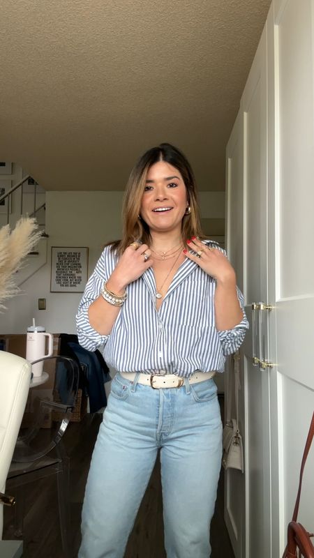 My favorite button down stripe shirt is 20% off! Grab the code here! 
Shirt size xs
Jeans size 25
This belt is from Amazon and it’s so good! Available in more colors! 

#LTKfindsunder100 #LTKsalealert #LTKxMadewell
