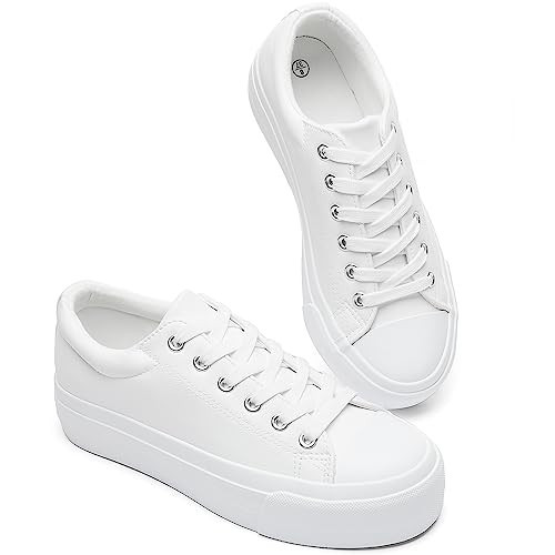 BABUDOG Womens Synthetic Leather Platform Sneakers,White Platform Shoes,Lace-up Tennis Shoes for Women,Comfortable Casual Shoes(White.US9.5) | Amazon (US)