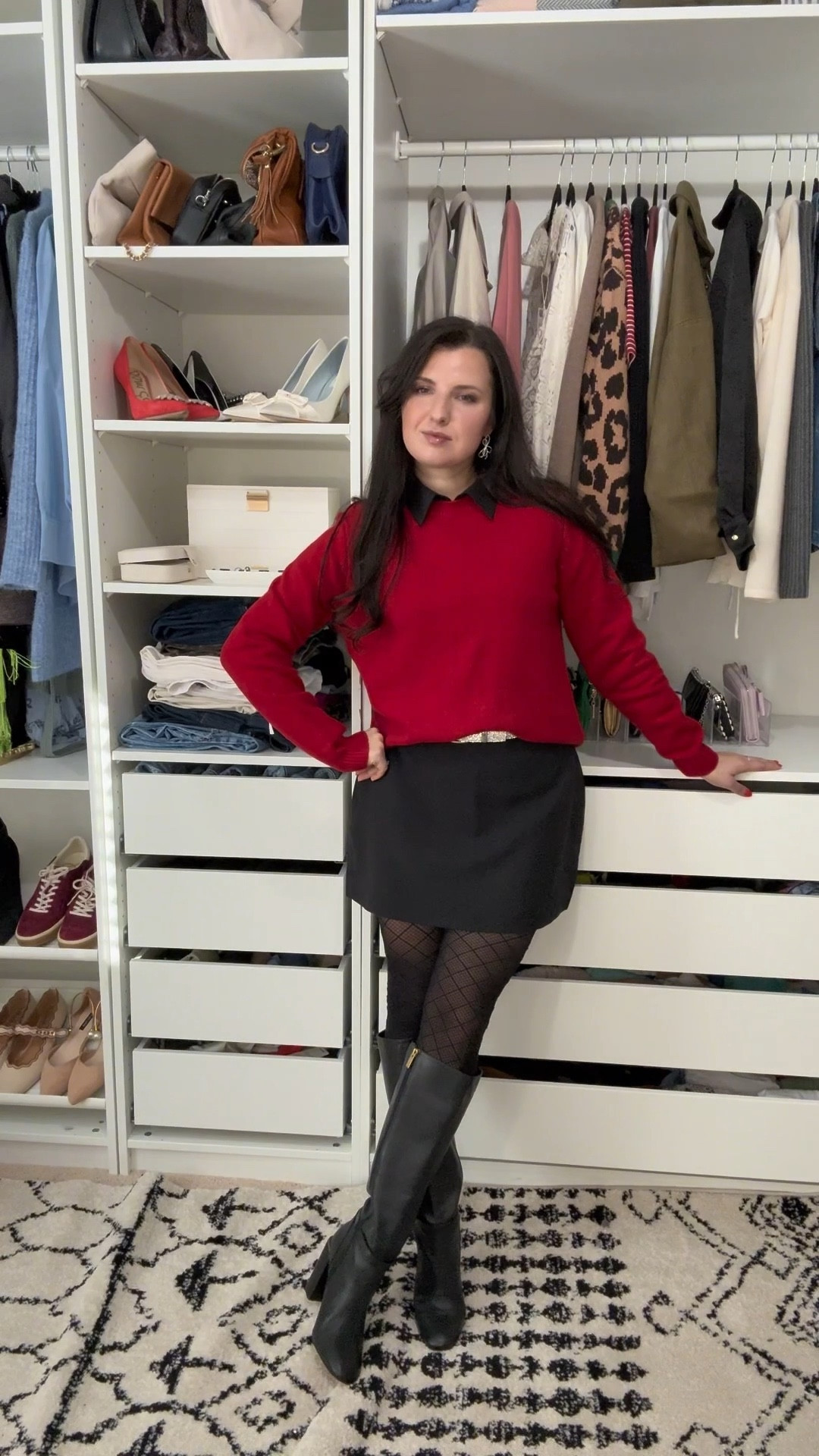Holiday outfit idea - collared button down under a red sweater, sparkly bow earrings and skort + knee high boots 

#LTKHoliday #LTKFindsUnder100 #LTKootd
