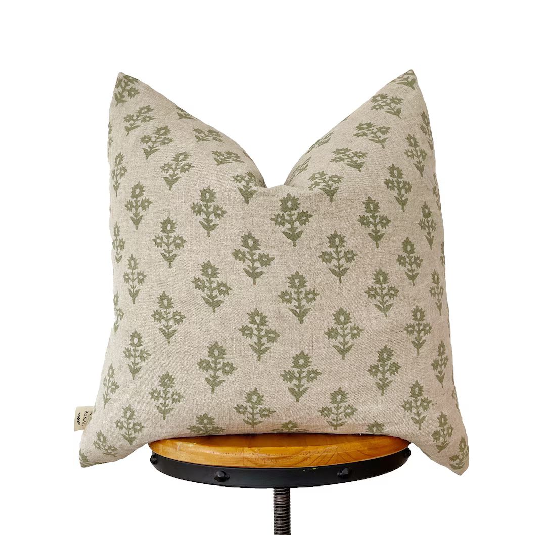 Block Print Linen Pillow Cover, Green Floral Natural Linen Pillow Cover. - Etsy | Etsy (US)