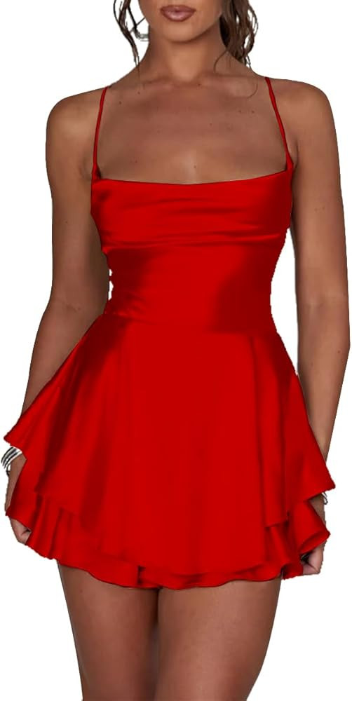 LuFeng Women's Elegant Satin A-line Summer Sleevesless Rompers Bandage Back Spaghetti Strape Tier... | Amazon (US)