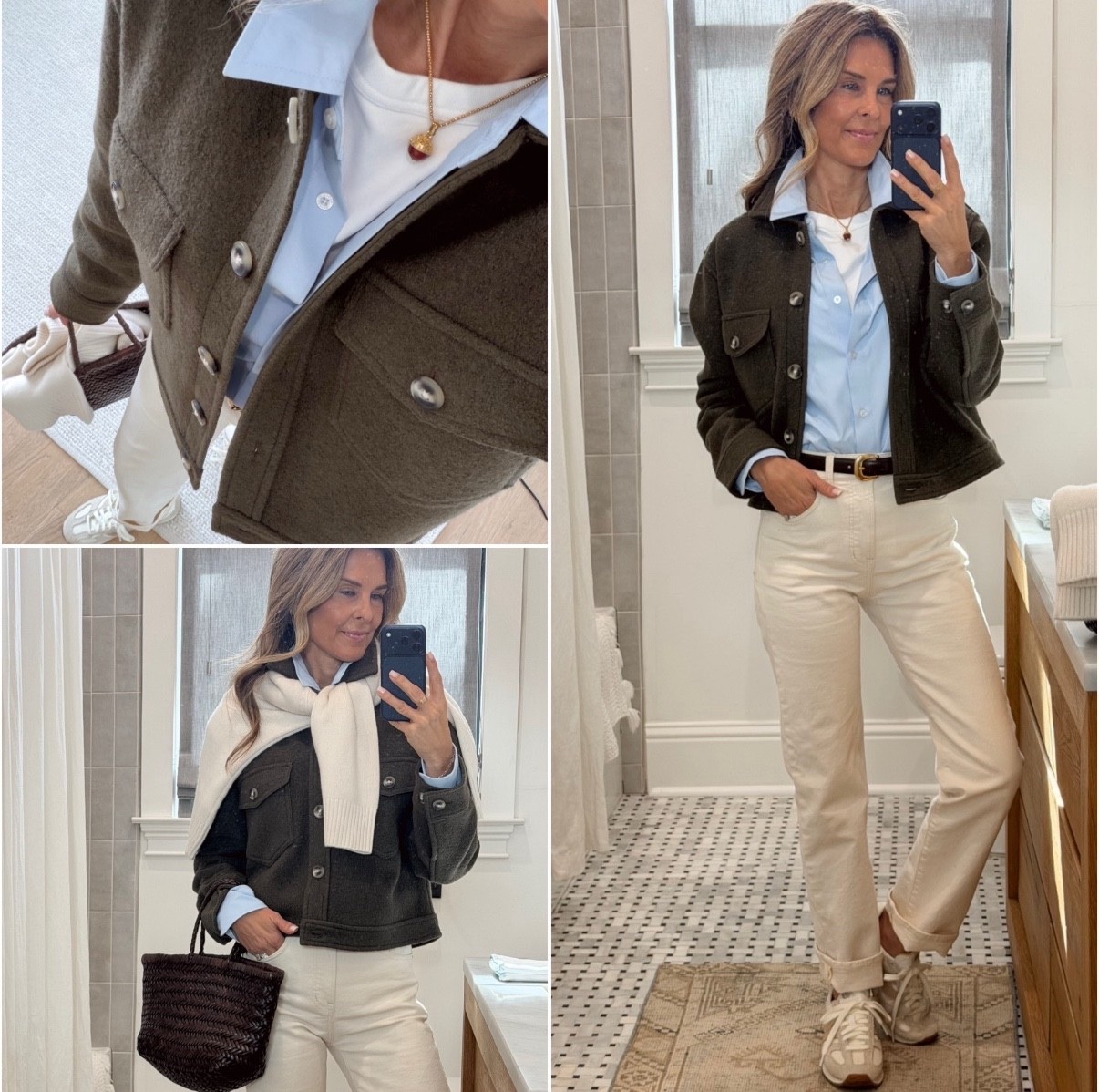 -Madewell jeans, love the straight leg fit! I’m 5’6”. Wearing Reg length. I cuffed them. 
-A favorite low-cost tee! Sz Small
-Brochu Walker button-up with elevated details? Sz XS
-Quince jacket, Sz S other colors available 
-Quince cashmere sweater sz S
-New Balance sneakers TTS 
-new acorn charm Is gorgeous! Crafted in Italy. 


#LTKootd #LTKOver40 #LTKgrwm