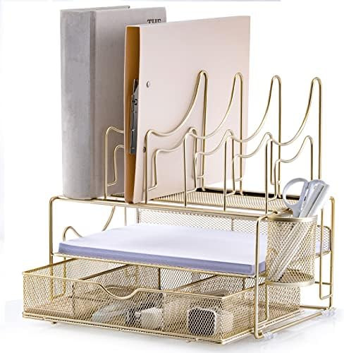 ROCDEER Gold File Desk Organizer with Drawer and File Folder Sorter, Desktop Paper Organizer for Des | Amazon (US)