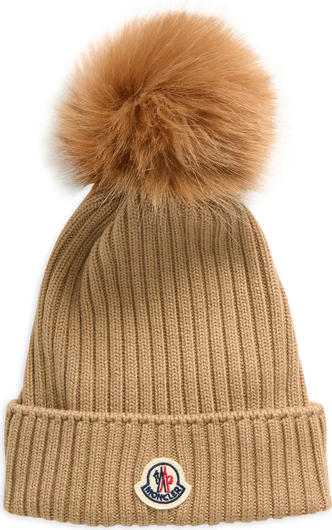 Kids' Merino Wool Rib Beanie with Faux Fur Pompom | Nordstrom
