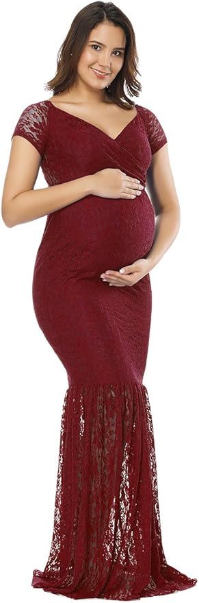 JustVH Women's Off Shoulder Short Sleeve V Neck Lace Maternity Gown Maxi Photography Dress | Amazon (US)