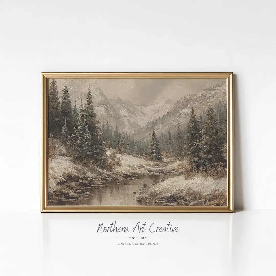 Vintage Winter Landscape Print Moody Winter Printable Wall Art Winter Farmhouse Painting Moody Co... | Etsy (US)
