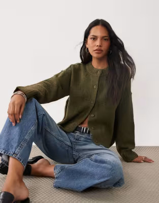 Brave Soul crew neck cardigan with exposed seam detail in khaki | ASOS (Global)