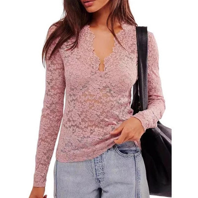 Women's Top V Neck Lace Long Sleeve Sheer Blouse Elegant Hollow Out Top Pink S | Target