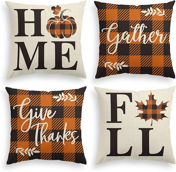 AVOIN Home Fall Buffalo Check Plaid Pumpkin Maple Leaf Throw Pillow Cover, 18 x 18 Inch Autumn Gi... | Amazon (US)