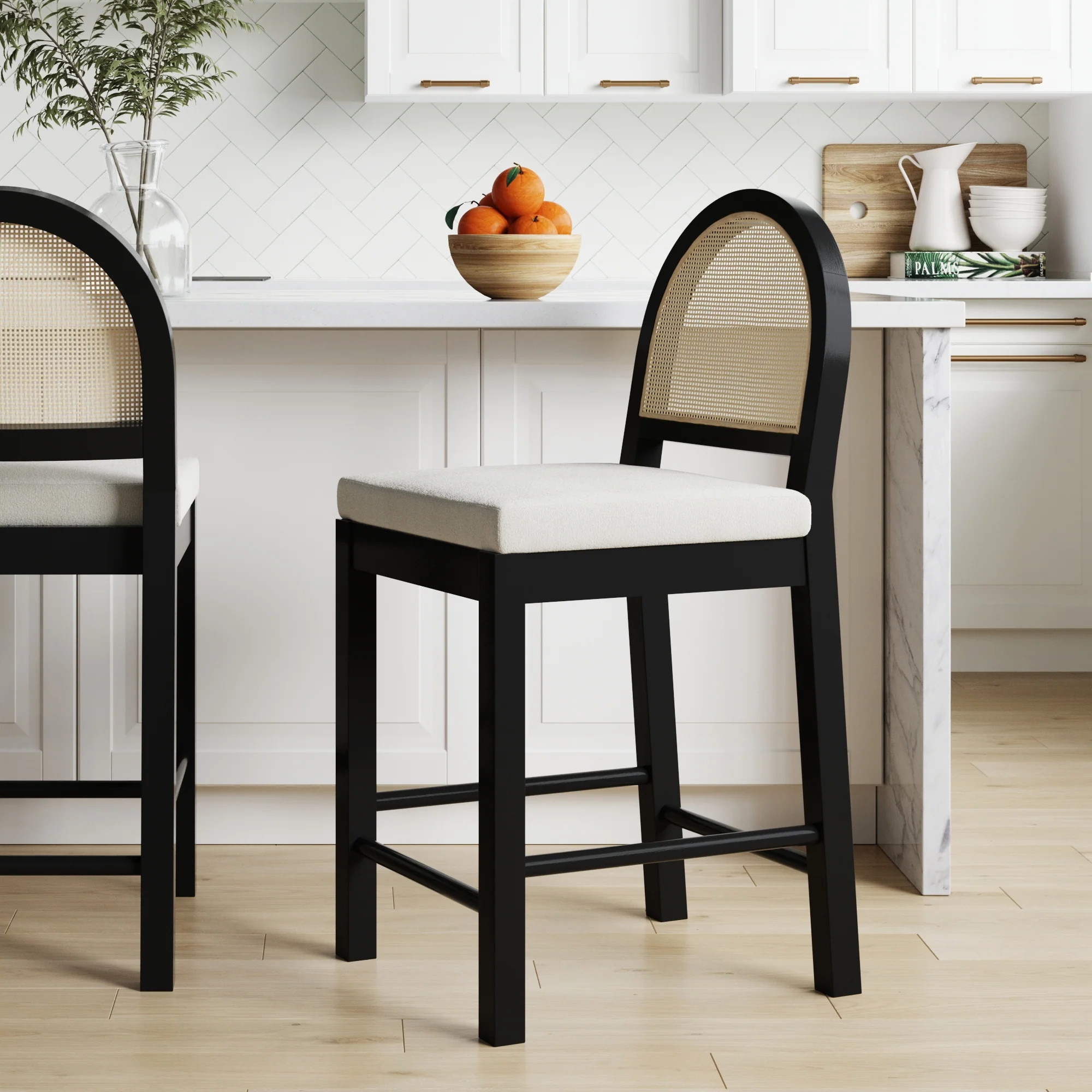 Boucle & Rattan Counter Stool Black | Nathan James