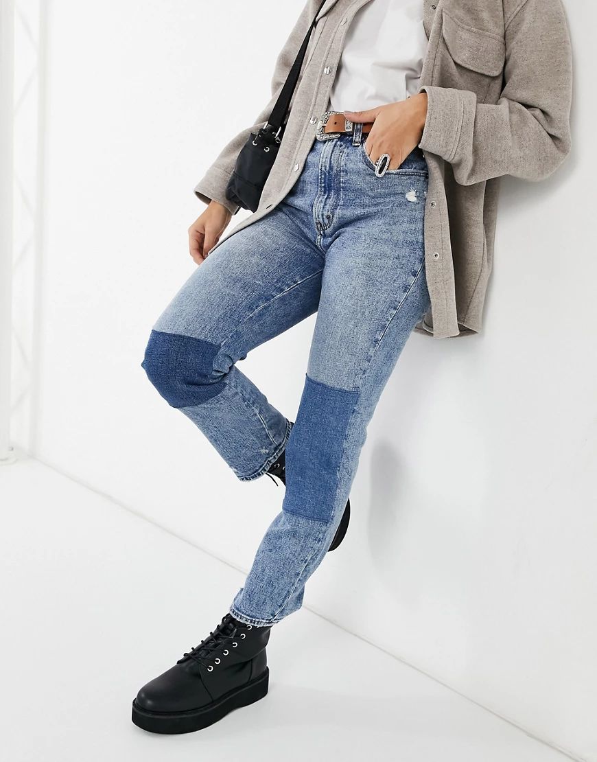 Abercrombie & Fitch patchwork jean in mid wash-Blue | ASOS (Global)