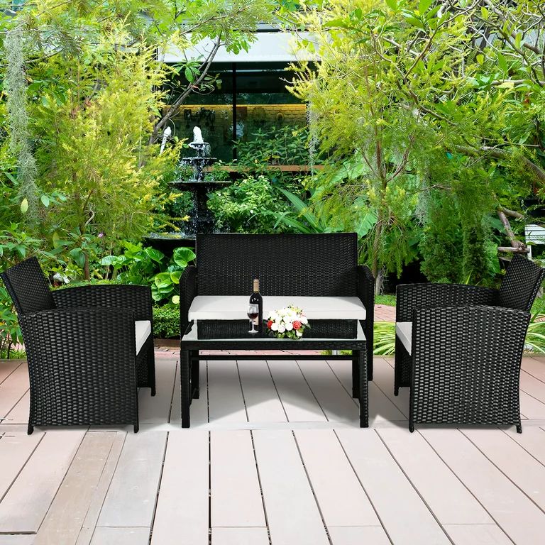 Patiojoy 4 Piece Outdoor Patio Rattan Furniture Set Black Wicker Cushioned Seat For Garden, porch... | Walmart (US)