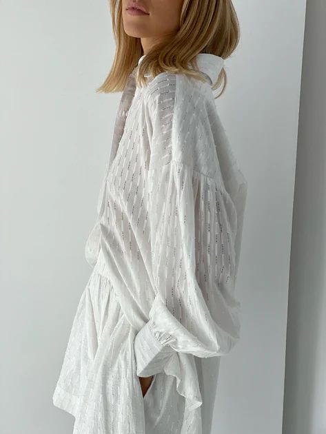 Mindy Embroidered Cotton Oversized Shirt | Coco White | Vita Grace