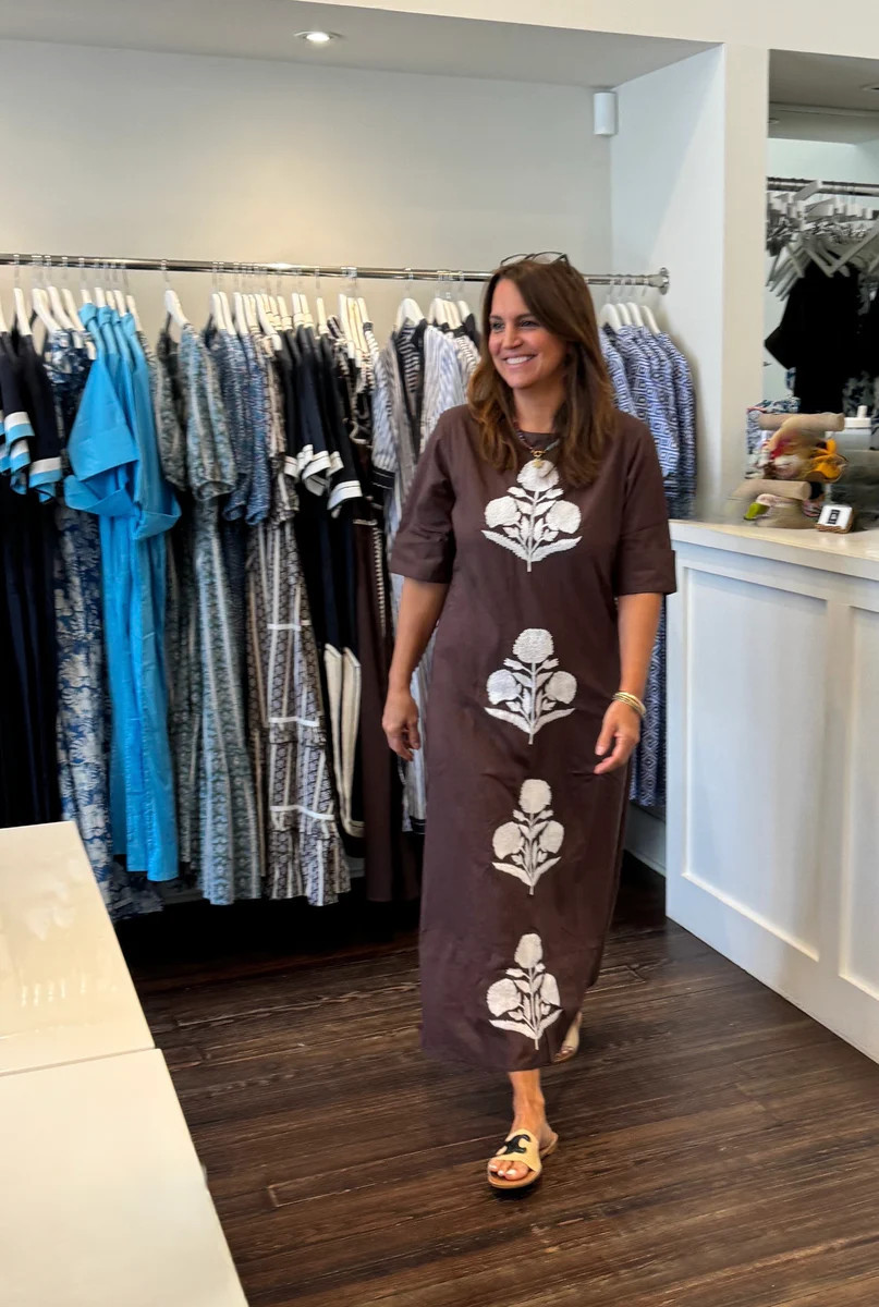 Anne Maxi Dress Cuff Sleeve Brown with White | Madison Mathews