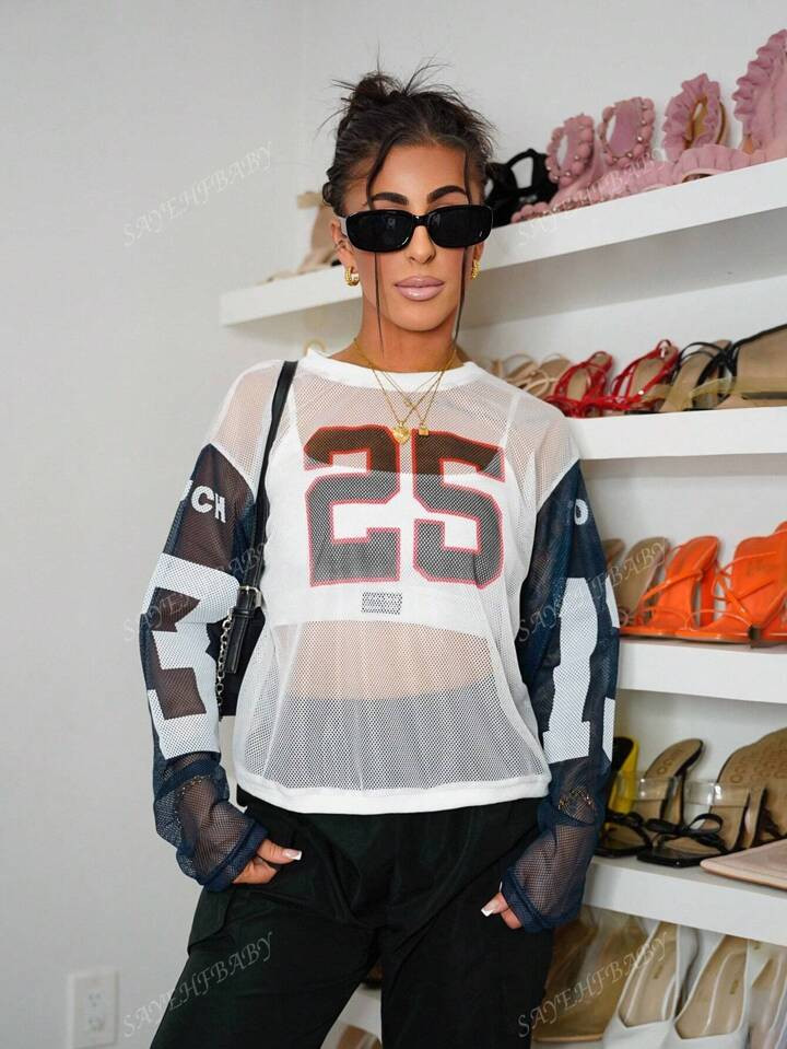 SAYEHFBABY Breathable Mesh Color Block Numeric Print Loose Fit T-Shirt, Spring/Summer Graphic Tee... | SHEIN