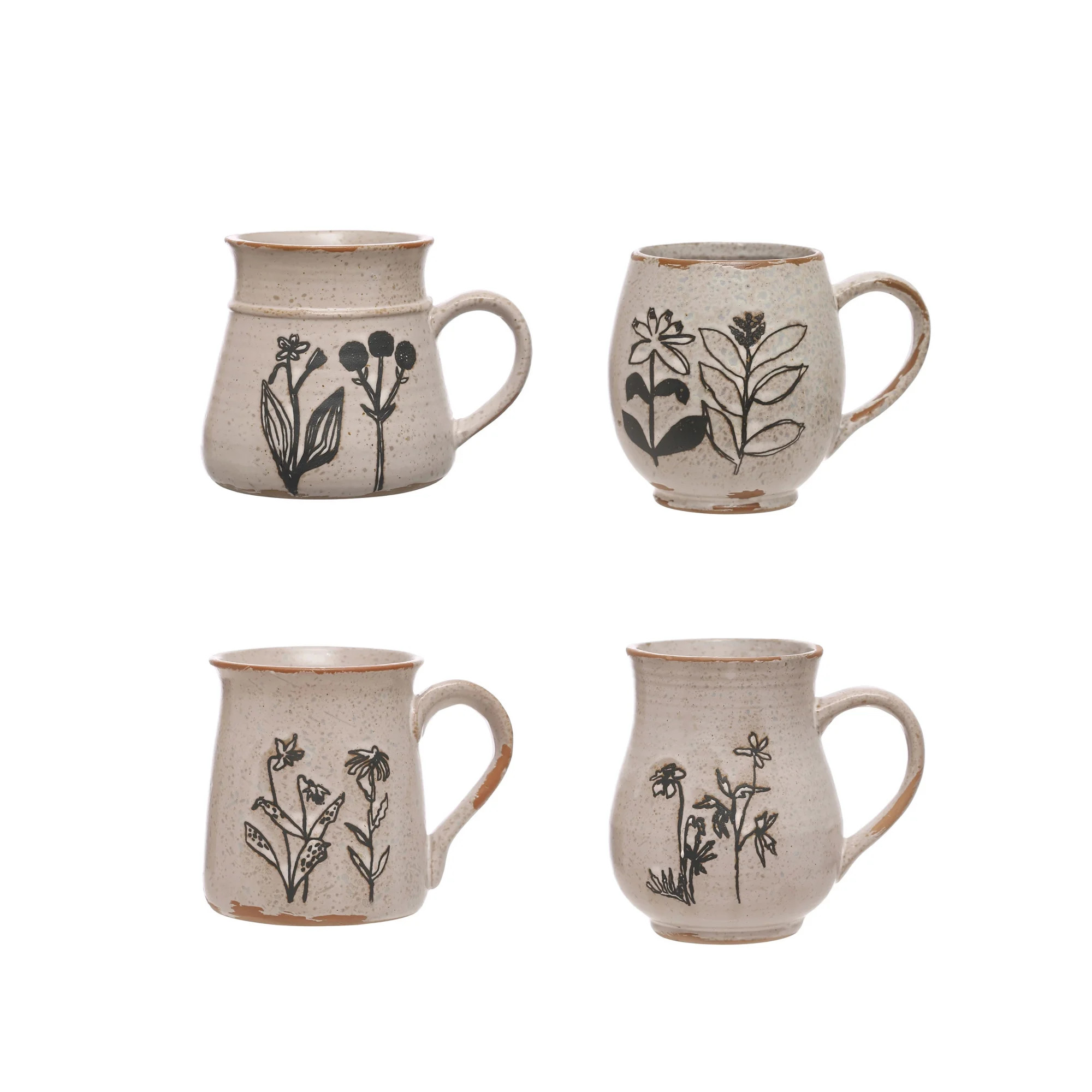 Creative Co-Op 4 Inches Stoneware Mug with Reactive Glaze and Various Mug Shapes, Cream, Set of 4 | Walmart (US)