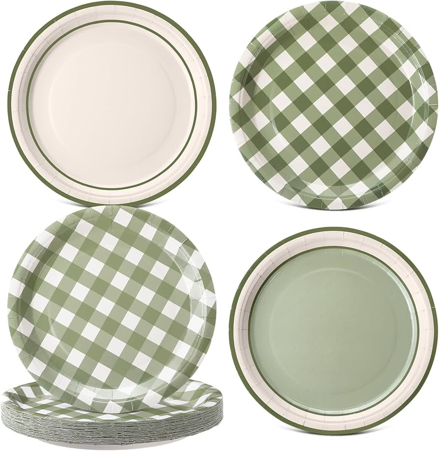 60 Pcs Sage Green Gingham Paper Dessert Plates 9 Inch Disposable Checkered Plaid Dinner Plates fo... | Amazon (US)