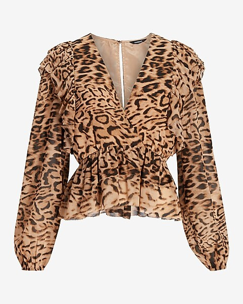 Leopard Print Ruffle Tiered Peplum Blouse | Express
