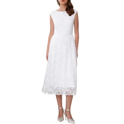 INSPIRE CHIC Women's Wedding Guest Boat Neck Vintage Formal Cocktail Midi Lace Dress Small White | Target