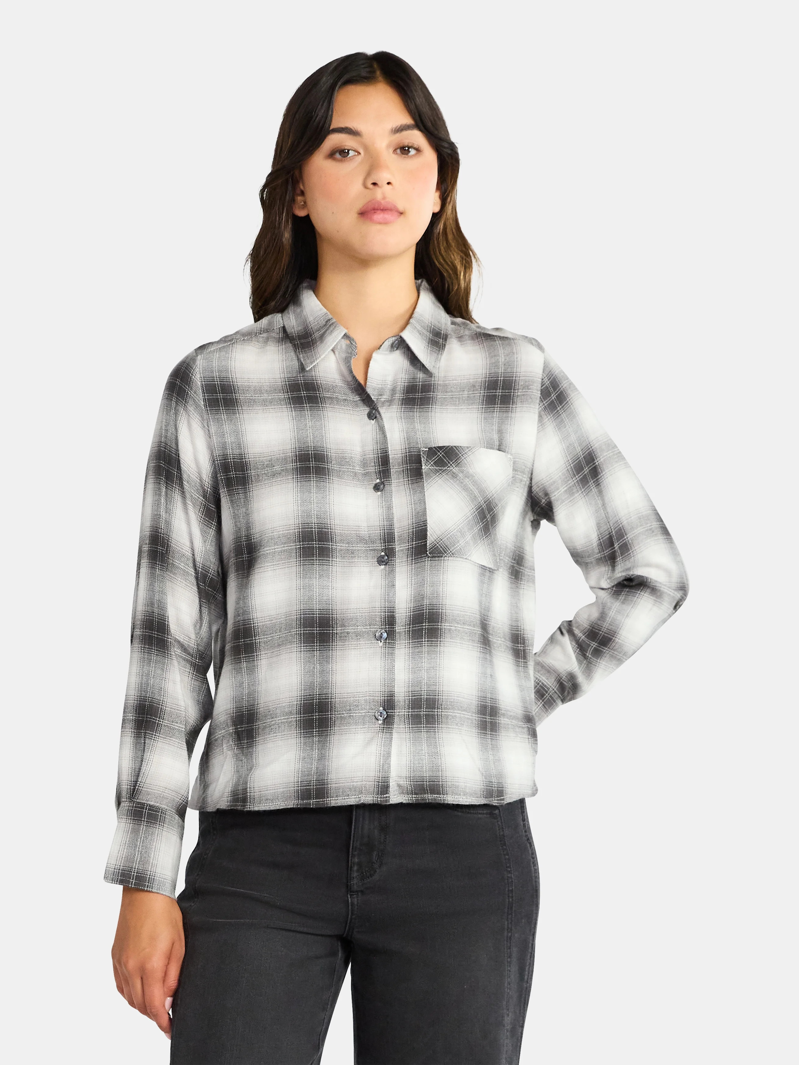Time and Tru Women's Cropped Flannel Shirt with Long Sleeves, Sizes XS-XXXL - Walmart.com | Walmart (US)