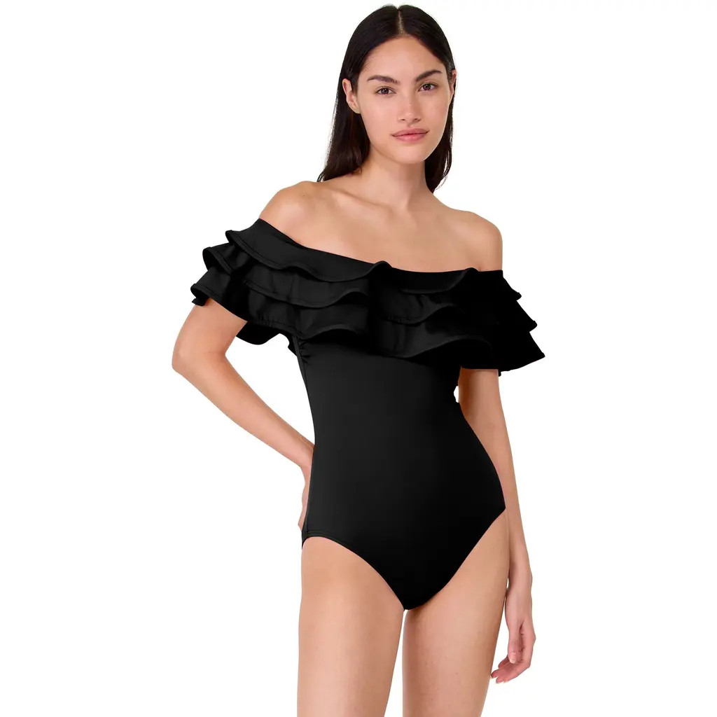 Kate Spade New York Ruffle One Piece Swimsui in Black at Nordstrom, Size Small | Nordstrom