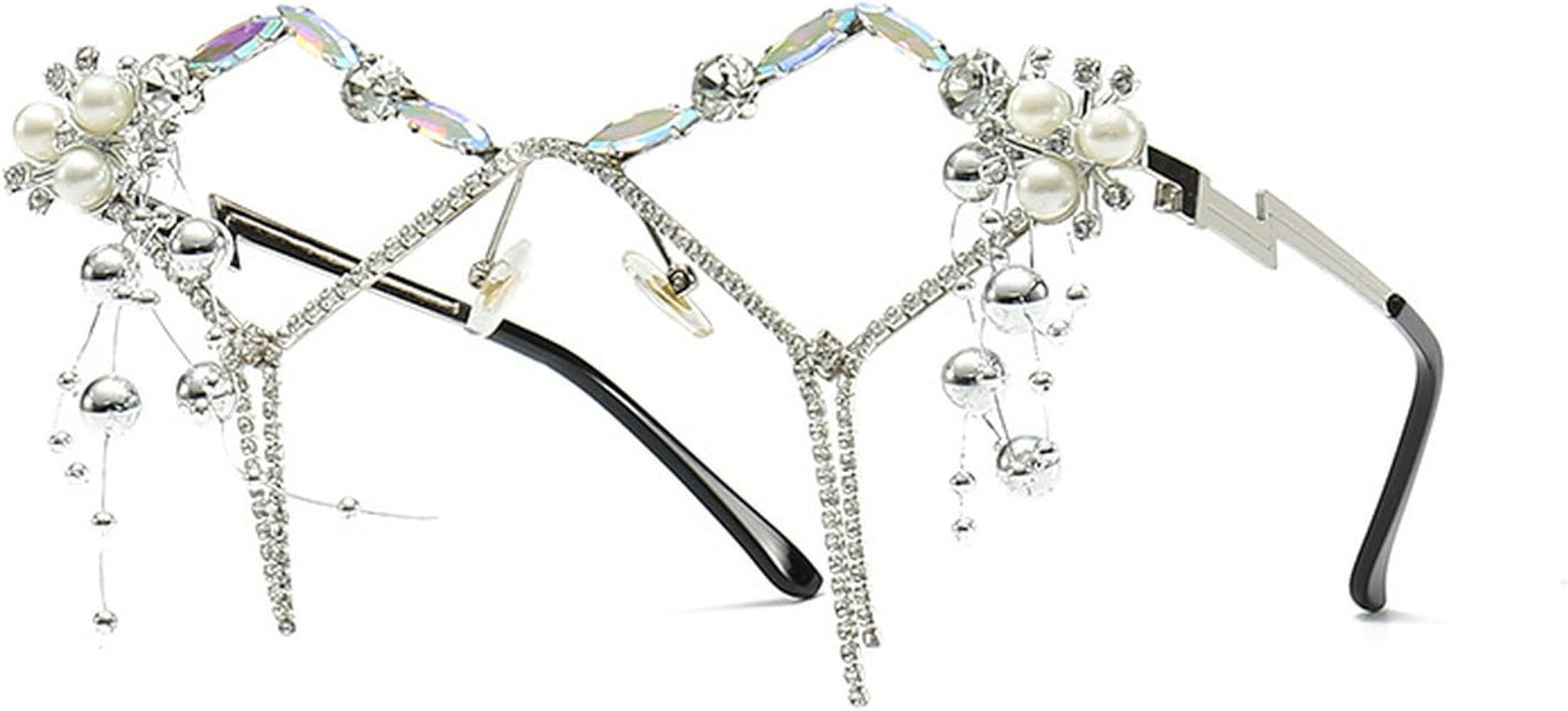 2023 Fashion Pearl Rhinestones Sunglasses Women Tassel Sunglasses Men Punk Lensless Sun Glasses | Amazon (US)