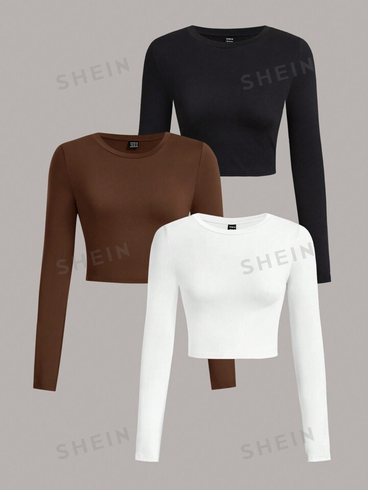 SHEIN Essnce 3pcs/Set Women's Casual Basic Long Sleeve Slim Fit T-Shirts In Black, White, And Bro... | SHEIN