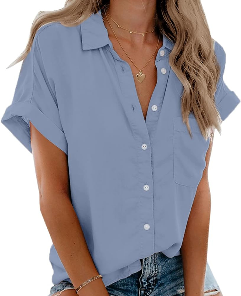 Beautife Womens Short Sleeve Shirts V Neck Collared Button Down Shirt Tops with Pockets | Amazon (US)