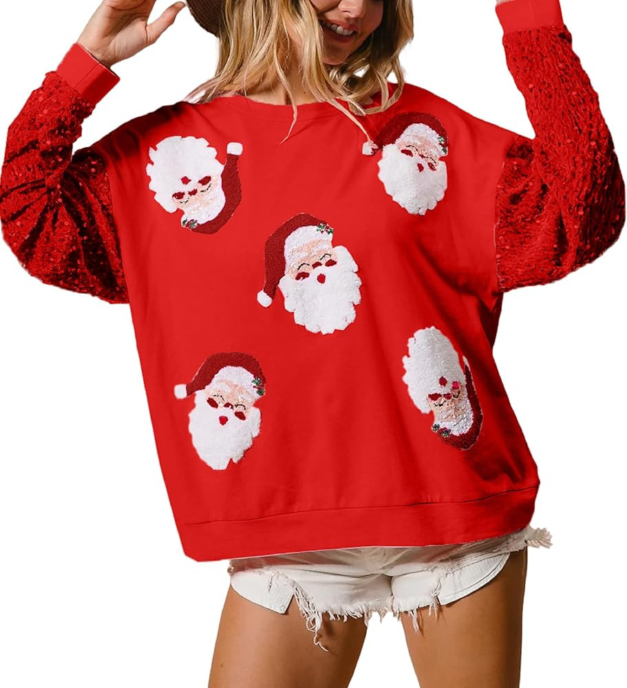 NUFIWI Women Christmas Sweatshirt Sequined Long Sleeve Glitter Santa Shirt Funny Merry Sweatshirt... | Amazon (US)