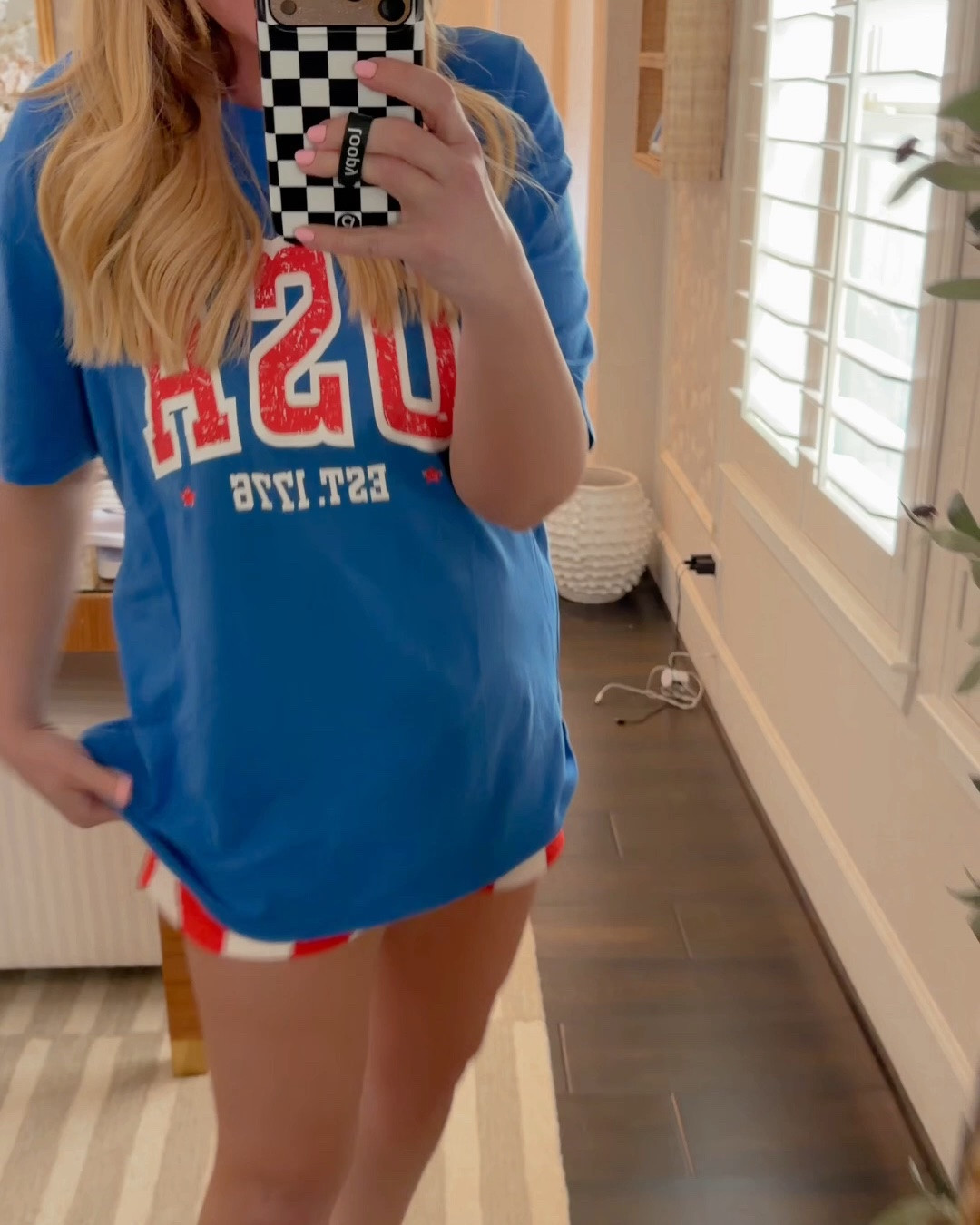 Fun, Fourth of July outfit! 
￼ Top: sized up one to a large
Bloomer skort: tts 
Slip skirt : tts
