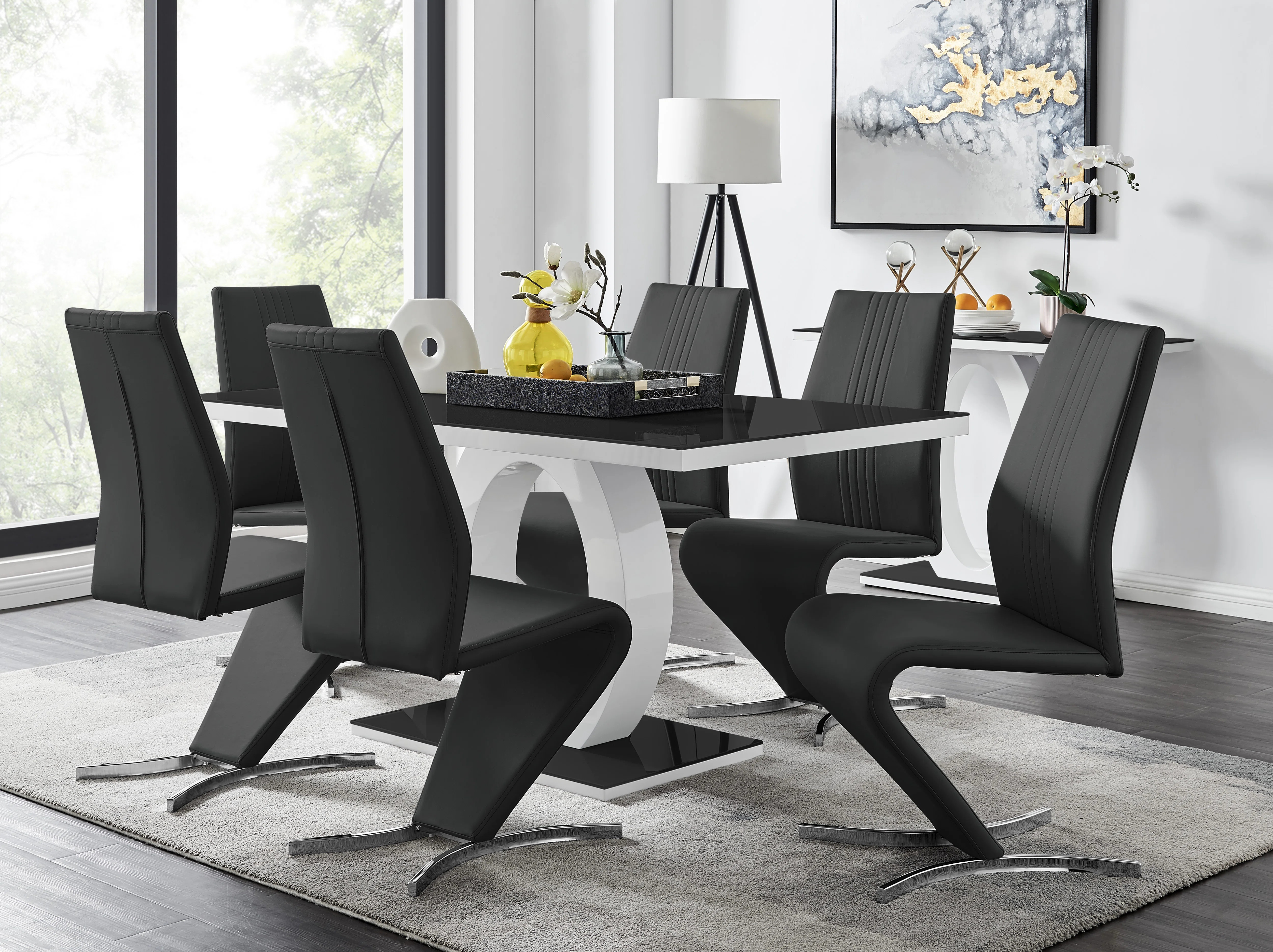 Scottsmoor Modern High Gloss Halo 6 Seater Dining Table Set with Luxury Faux Leather Dining Chair... | Wayfair North America