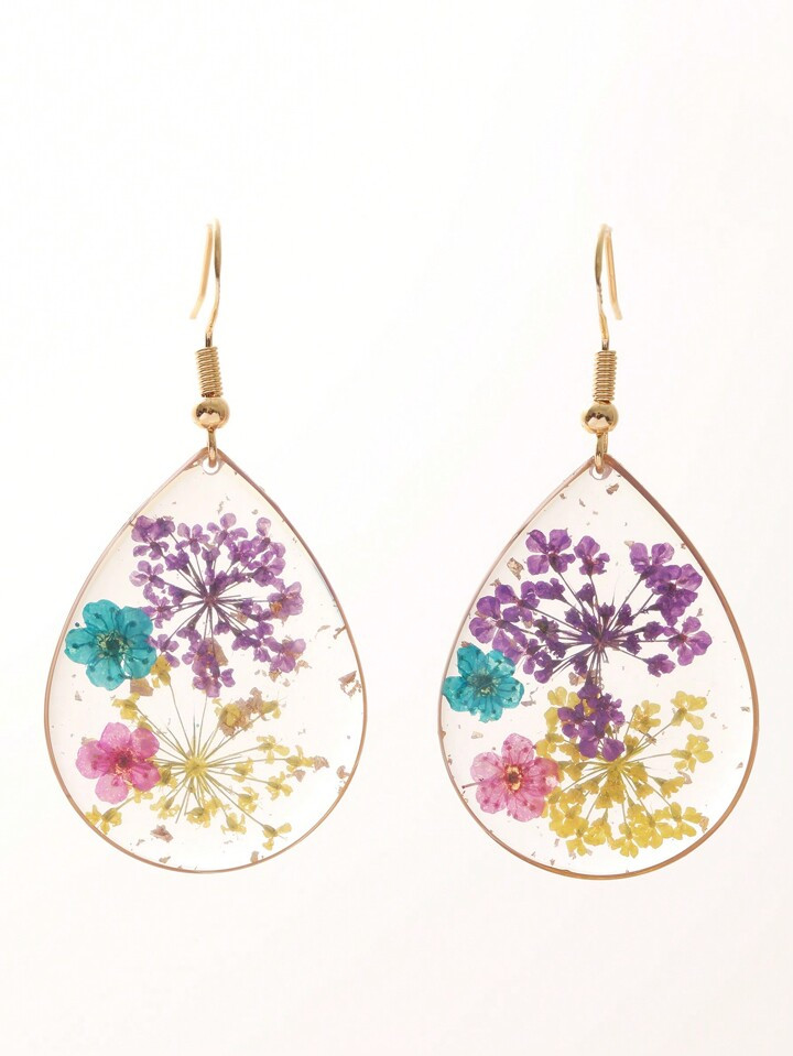 1pair Dried Flower Resin Drop Earrings In Teardrop Shape, Suitable For Women's Daily Wear | SHEIN