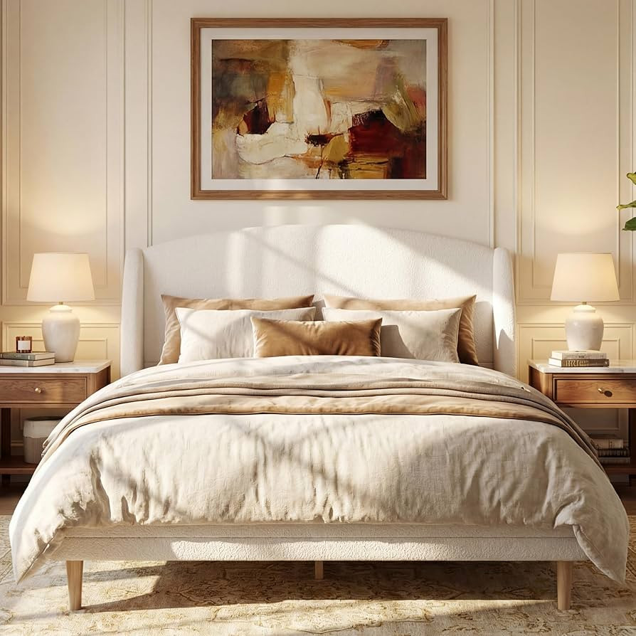 Merax Queen Size Upholstered Platform Bed, Boucle Fabric and Wingback Headboard, Rounded Corners,... | Amazon (US)