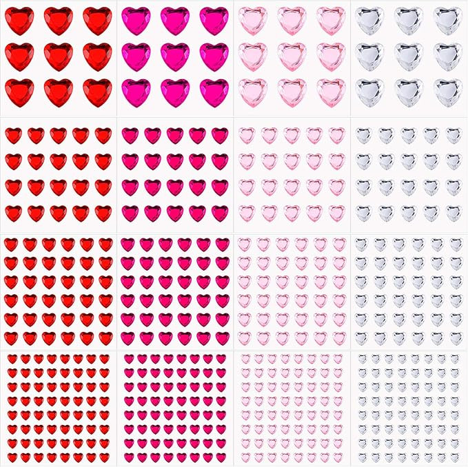 Chuangdi 516 Pcs Heart Rhinestones Sticker Acrylic Heart Gems Stickers Crystal Sticker Self Adhes... | Amazon (US)