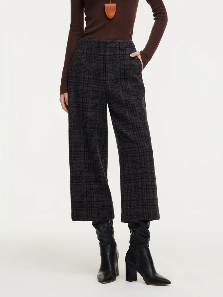 100% Wool Plaid Women Wide Leg Pants | GOELIA