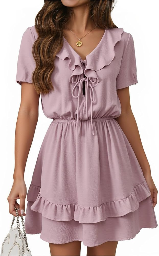 Angashion Womens Tie Front Mini Dress: V Neck Long Sleeve Layer Ruffle Hem Dress with Pockets | Amazon (US)