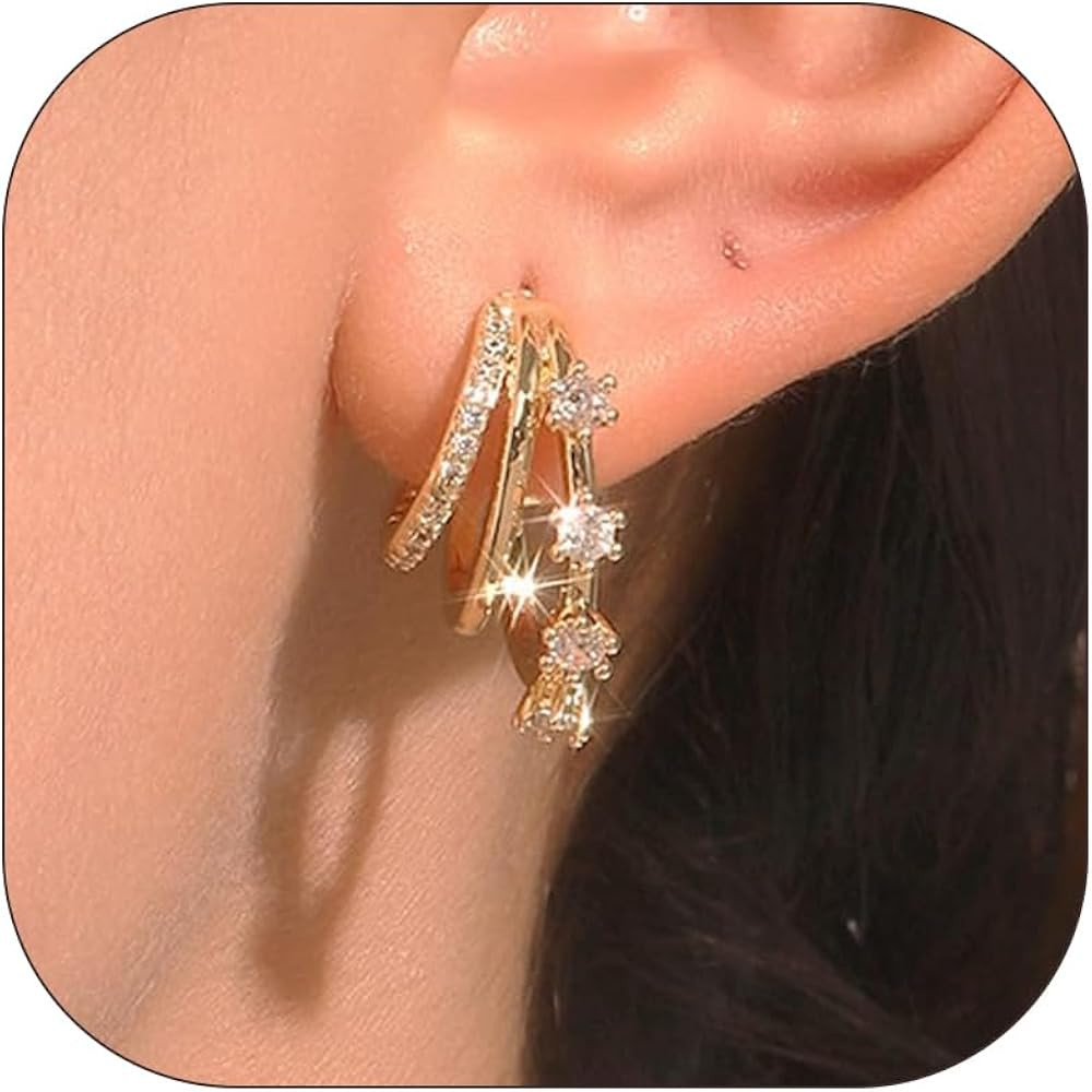 Triple Hoop Earrings for Women Trendy Cubic Zirconia Earrings Small Gold Hoop Earrings Claw State... | Amazon (US)