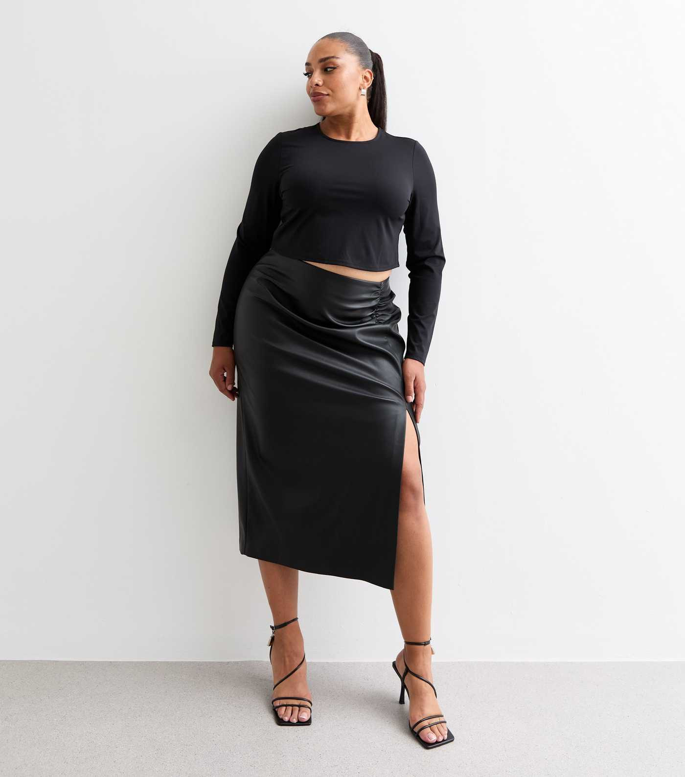 Curves Black Ruched Leather-Look Midi Skirt
						
						Add to Saved Items
						Remove from Sav... | New Look (UK)