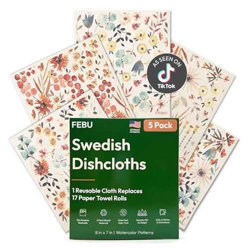 FEBU Swedish Dishcloths for Kitchen | 5 Pack Watercolor Reusable Paper Towels Washable | Swedish Dish Towels | Non-Scratch Cellulose Sponge Cloths | No Odor, Biodegradable Cleaning Cloths | Amazon (US)