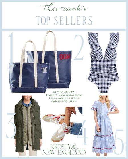 This weeks Top Sellers #1 Durable Waterproof Steele Totes all sizes & colors #2 Gingham Ruffle Neck One piece Swimsuit (tall & reg) 40% off sale now #3 Waxed Cotton 3 in 1 Jacket on sale now under $100 #4 Draper James x Tretorn Sneakers limited edition #5 Blue Stripe & Ric Rac Midi Dress

#LTKFindsUnder100 #LTKOver40 #LTKItBag