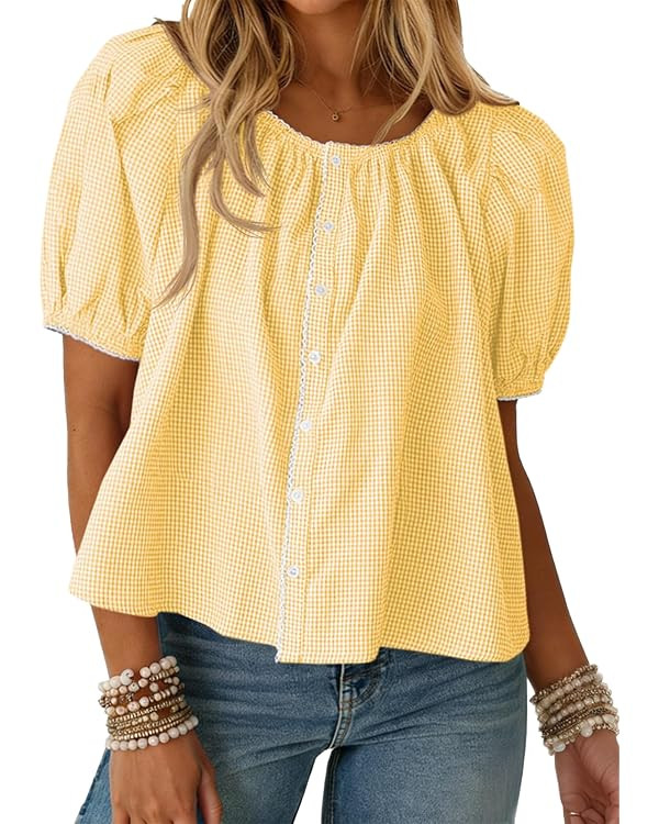 Tankaneo Womens Puff Sleeve Gingham Blouse Summer Plaid Crew Neck Cute Tops Trendy Casual Button ... | Amazon (US)
