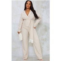 Plus Beige Woven Straight Leg Tailored Trousers | PrettyLittleThing UK