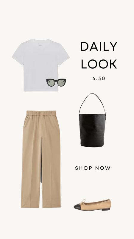 Daily Look 4.30 | White tee, easy pant (the best pants that dress up or down), Chanel ballet flats (added a few pre-loved pairs), black bucket bag tote. 

casual style
Spring outfit
Summer outfit
Work outfits
Minimal style

#LTKstyletip #LTKfindsunder100 #LTKfindsunder50