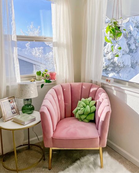 Another home office picture because I can’t get enough of this corner! The pink chair and green succulent pillow are so cute. In the afternoon the disco ball planter fills the room with sparkly light and it’s magical 🪴💕 

#LTKFind #LTKhome #LTKunder100