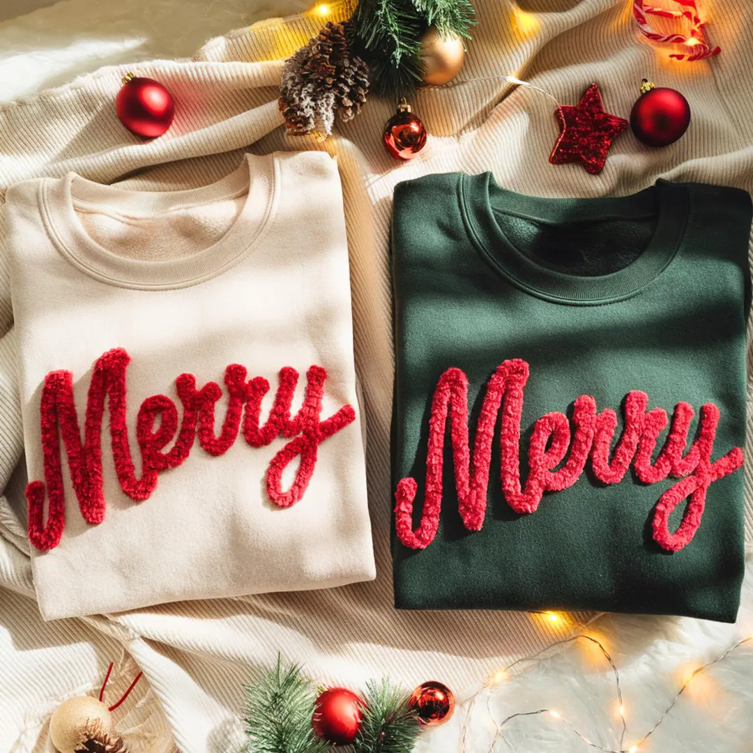 Merry Christmas Chenille Yarn Embroidered Sweatshirt, Christian Embroidery Shirt, Holiday Xmas Gi... | Etsy (US)